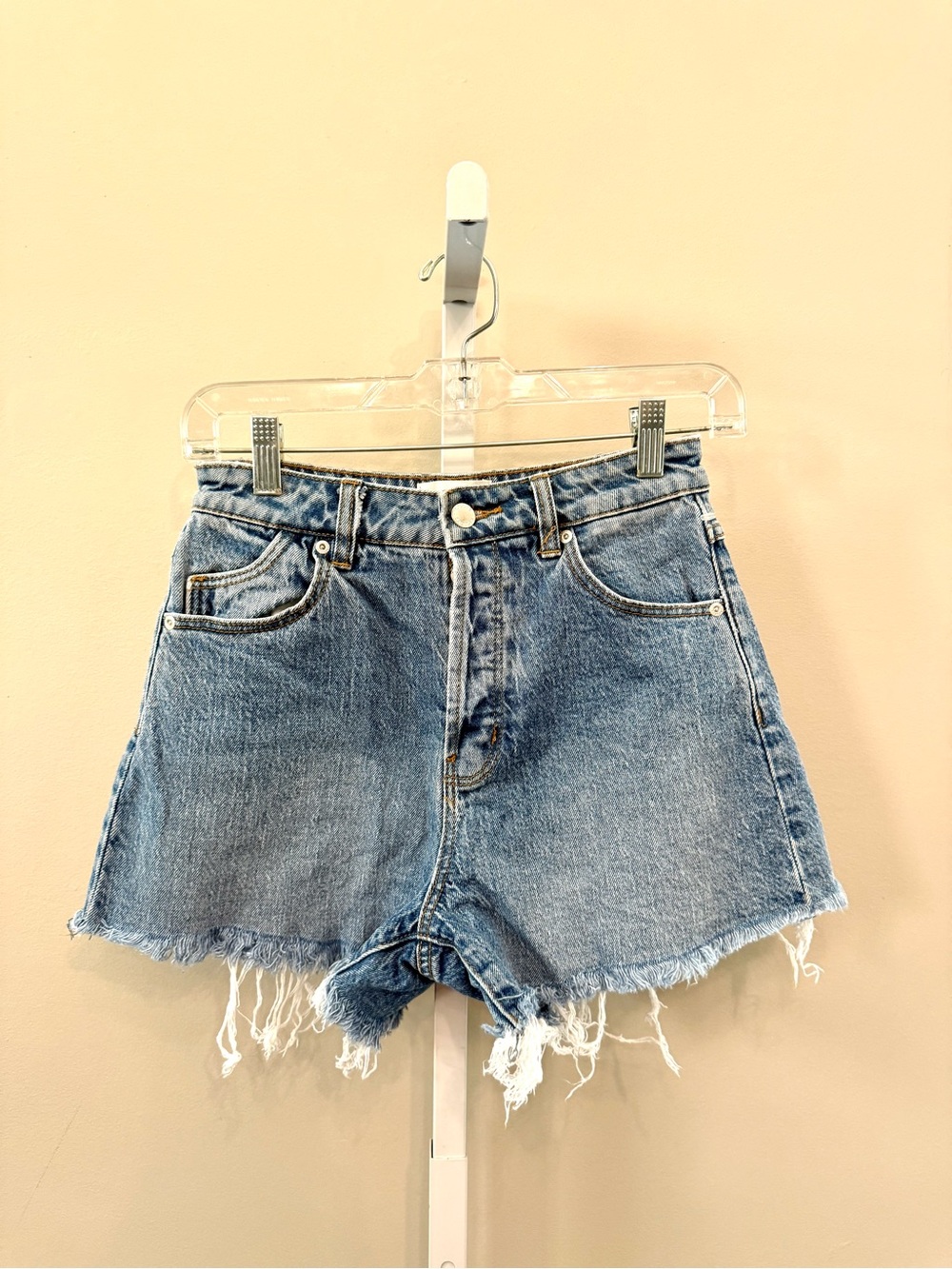 Rolla’s High Rise Cut Off Original Denim Shorts Medium Wash Frayed Size 25